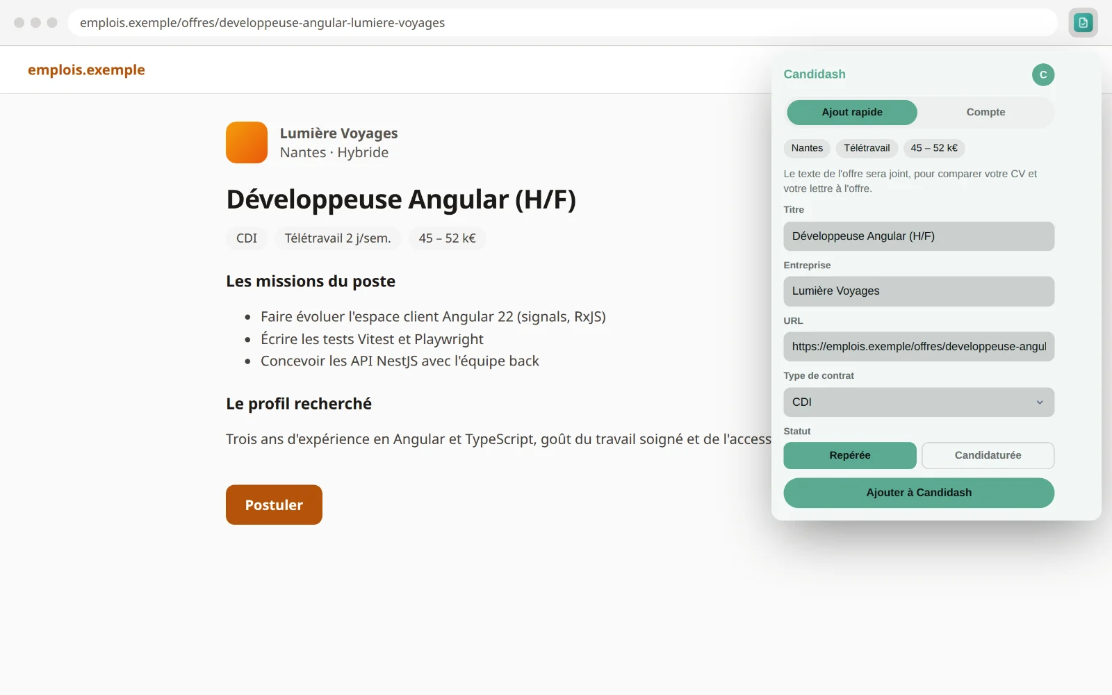 Le popup de l'extension Candidash ouvert sur une offre d'emploi : titre, entreprise et contrat déjà remplis, puis l'annonce ajoutée.