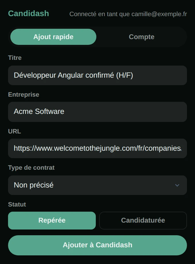 Le popup de l'extension Candidash ouvert sur une offre : titre, entreprise et lien pré-remplis, prêt à être ajouté.
